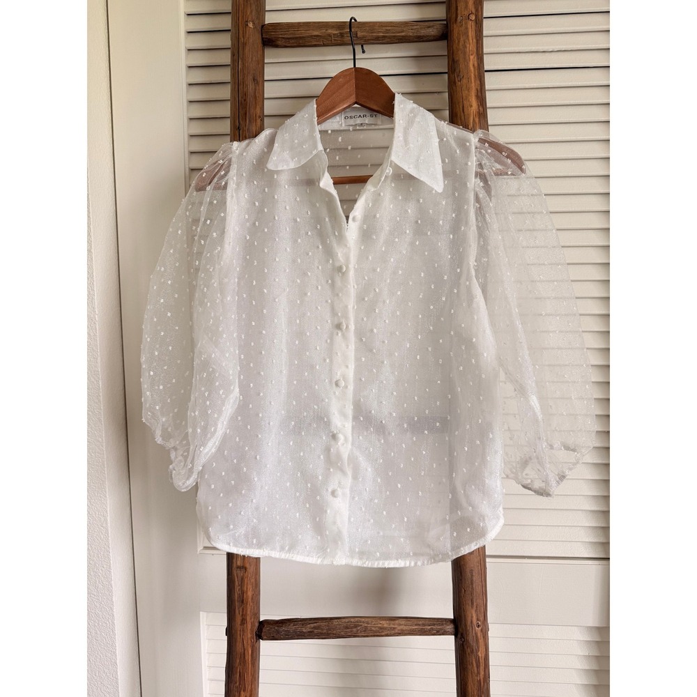 Oscar-St White Sheer Swiss Dot Puff‎ Sleeve Button Down Blouse Small